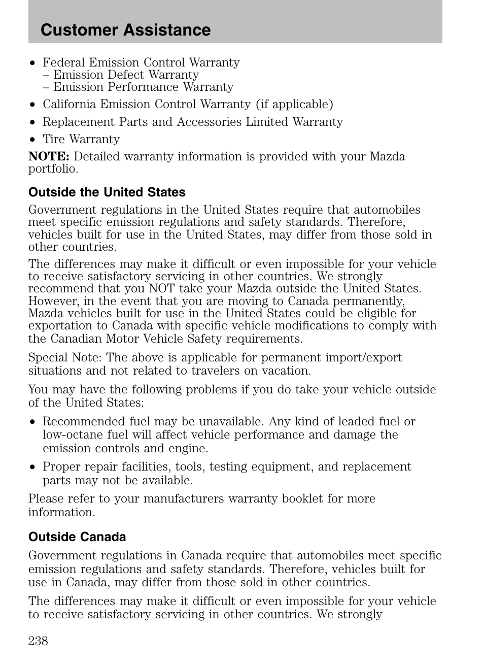 Outside the united states, Outside canada, Customer assistance | Mazda 2008 Tribute HEV User Manual | Page 238 / 312