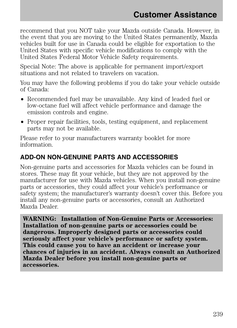 Add-on non-genuine parts and accessories, Customer assistance | Mazda 2008 Tribute HEV User Manual | Page 239 / 312
