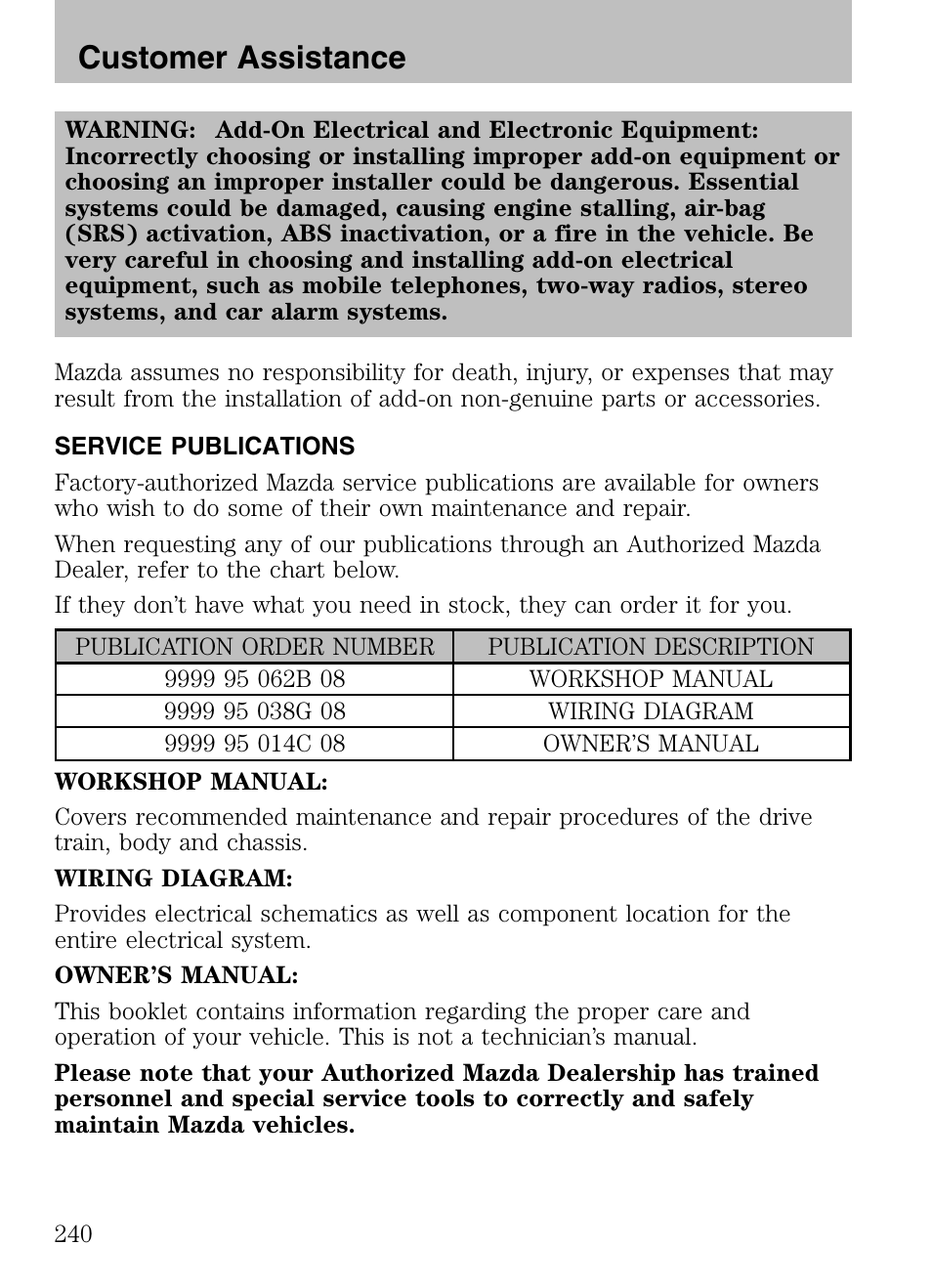 Service publications, Customer assistance | Mazda 2008 Tribute HEV User Manual | Page 240 / 312