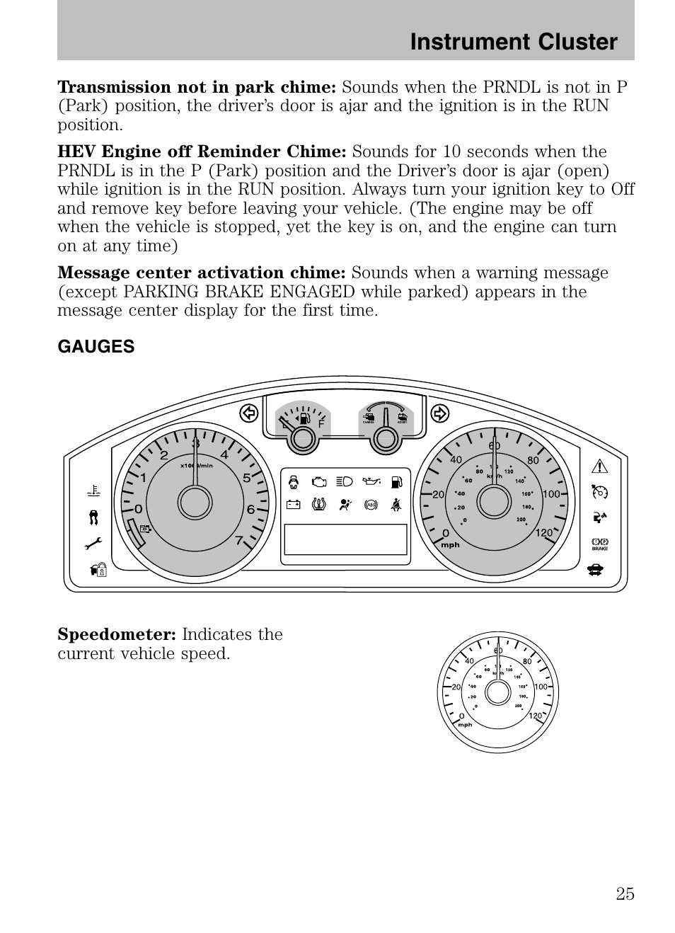 Gauges, Instrument cluster | Mazda 2008 Tribute HEV User Manual | Page 25 / 312
