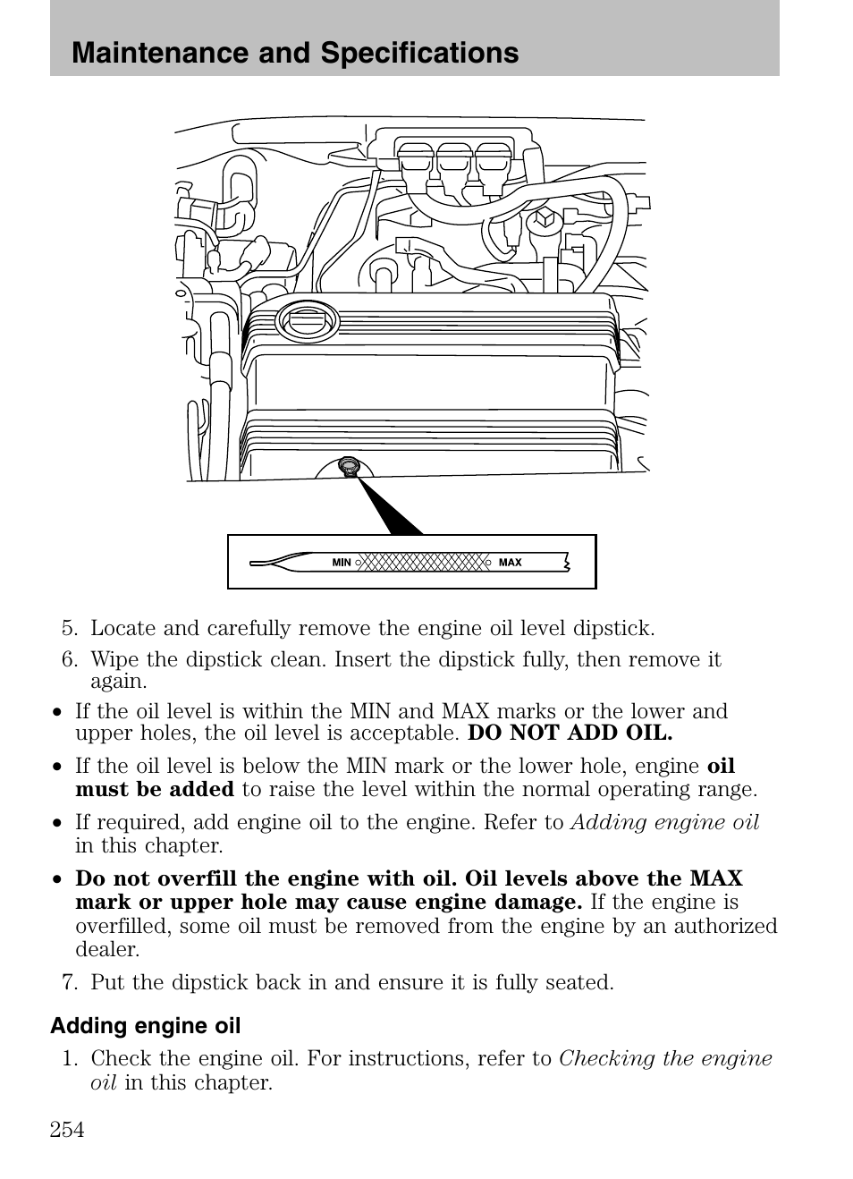 Adding engine oil, Maintenance and specifications | Mazda 2008 Tribute HEV User Manual | Page 254 / 312