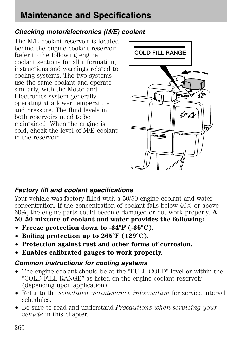 Checking motor/electronics (m/e) coolant, Factory fill and coolant specifications, Common instructions for cooling systems | Maintenance and specifications | Mazda 2008 Tribute HEV User Manual | Page 260 / 312