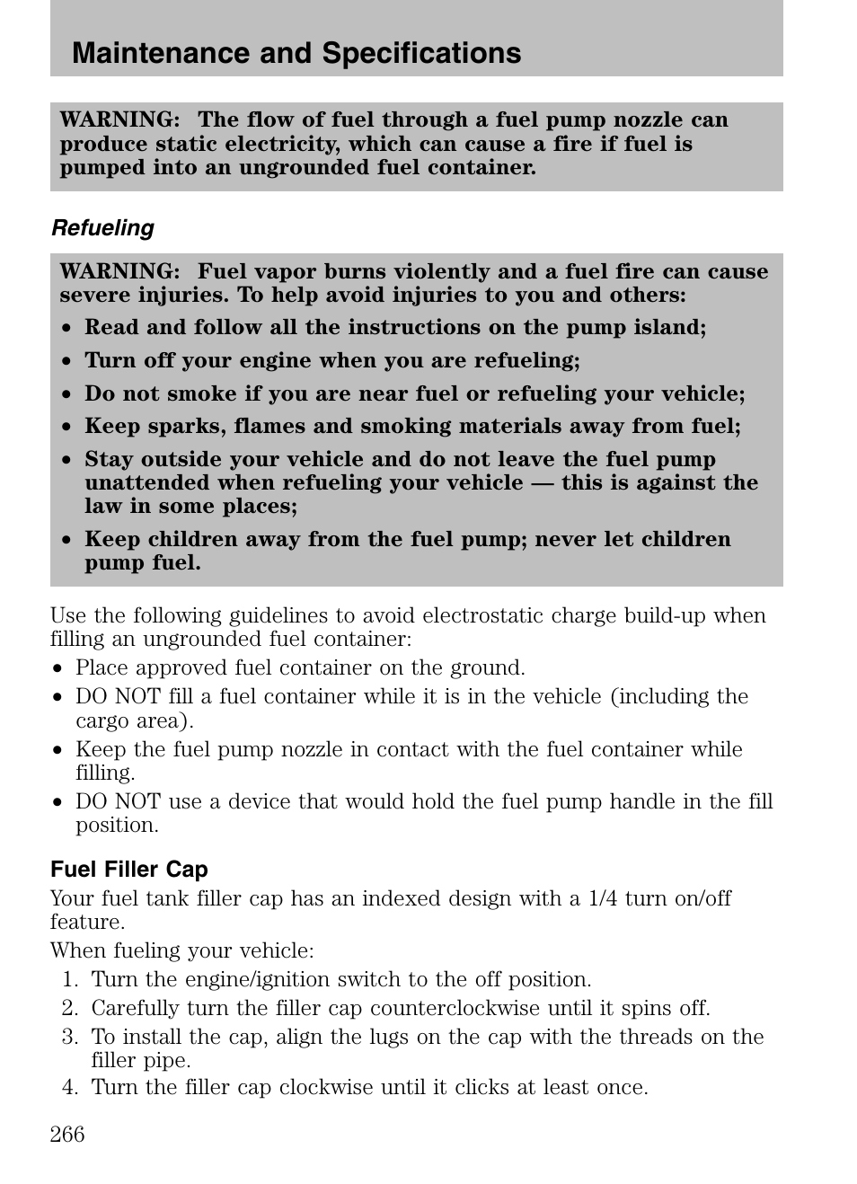 Refueling, Fuel filler cap, Maintenance and specifications | Mazda 2008 Tribute HEV User Manual | Page 266 / 312