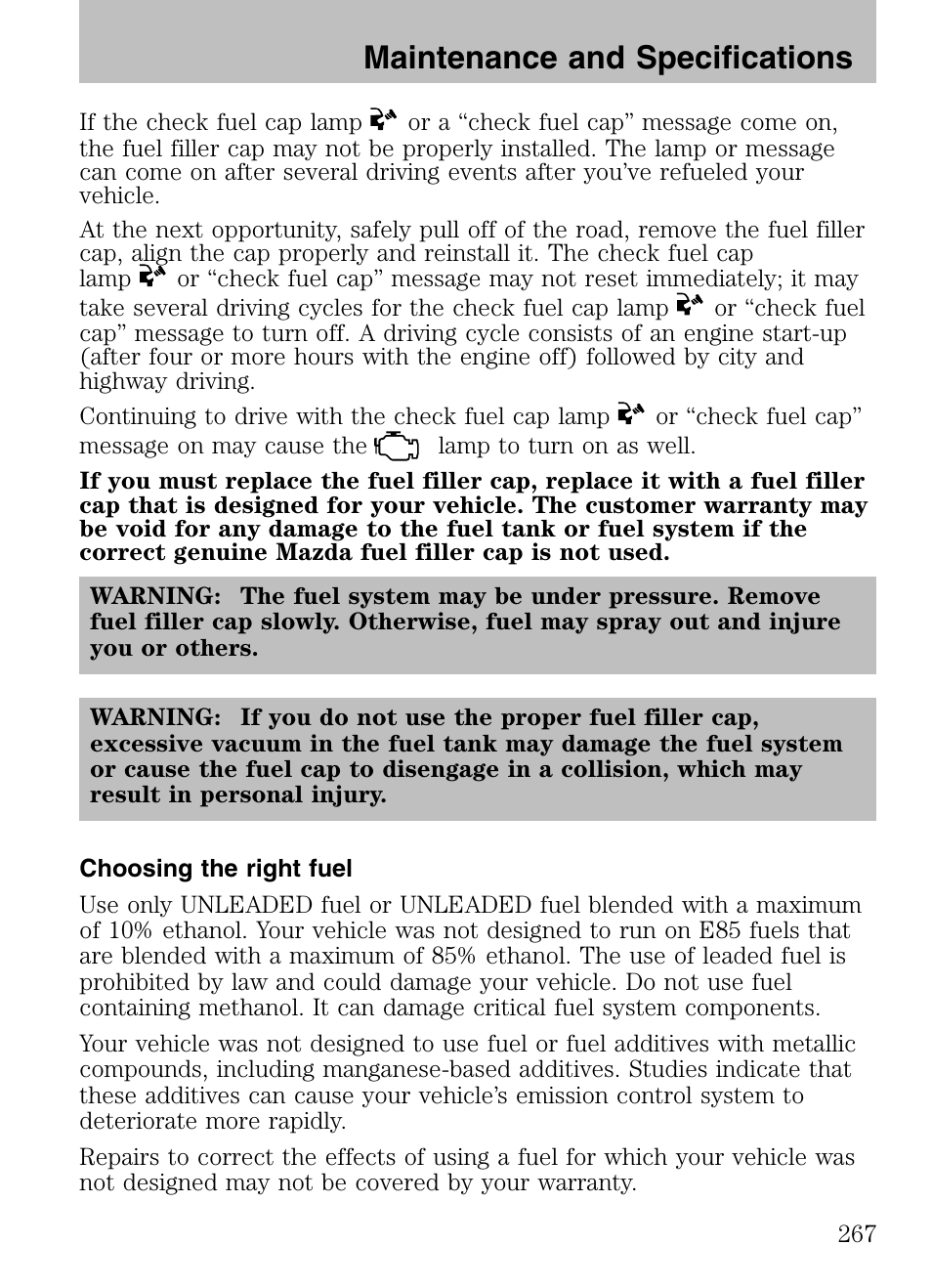 Choosing the right fuel, Maintenance and specifications | Mazda 2008 Tribute HEV User Manual | Page 267 / 312