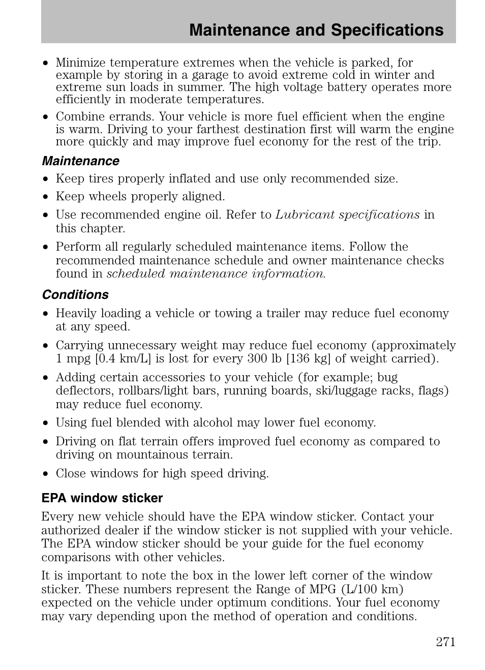 Maintenance, Conditions, Epa window sticker | Maintenance and specifications | Mazda 2008 Tribute HEV User Manual | Page 271 / 312