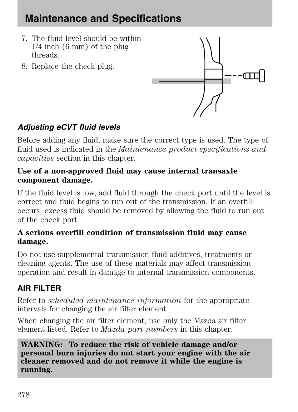 Adjusting ecvt fluid levels, Air filter, Maintenance and specifications | Mazda 2008 Tribute HEV User Manual | Page 278 / 312