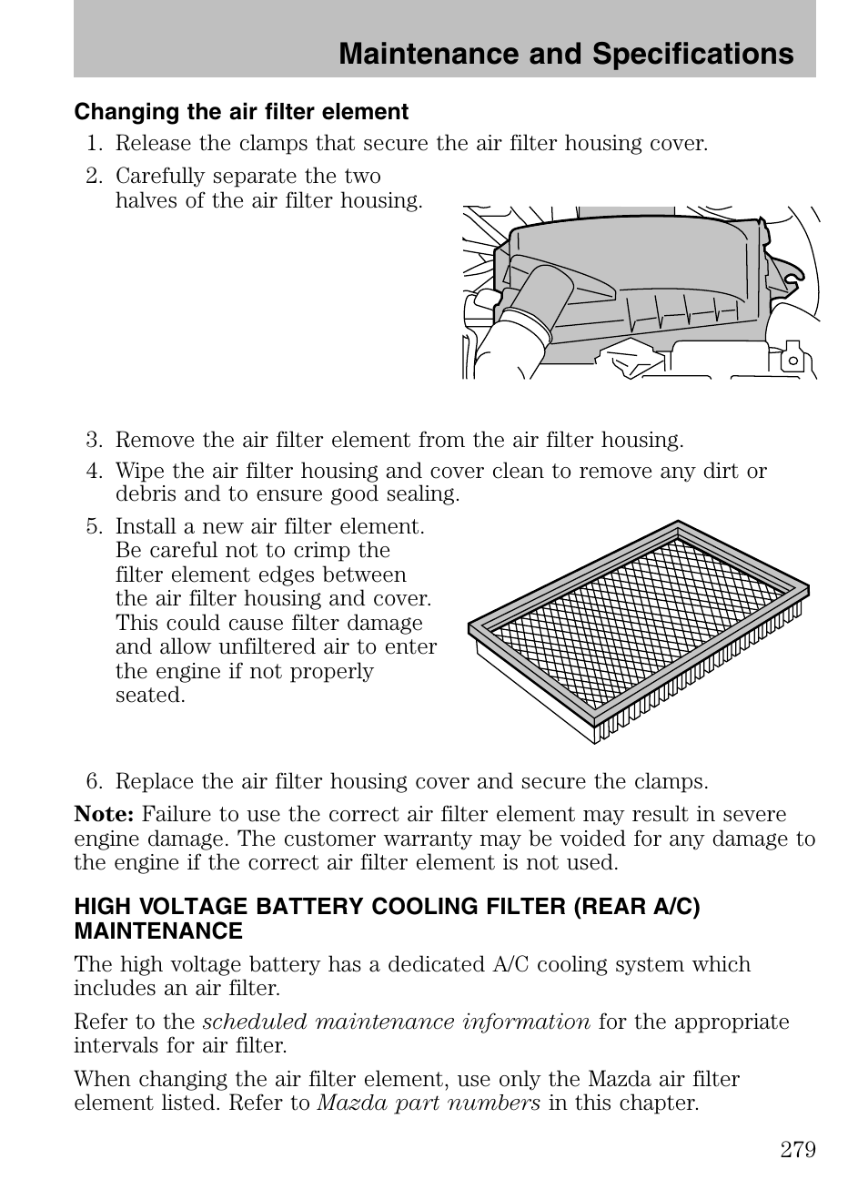 Changing the air filter element, Maintenance and specifications | Mazda 2008 Tribute HEV User Manual | Page 279 / 312