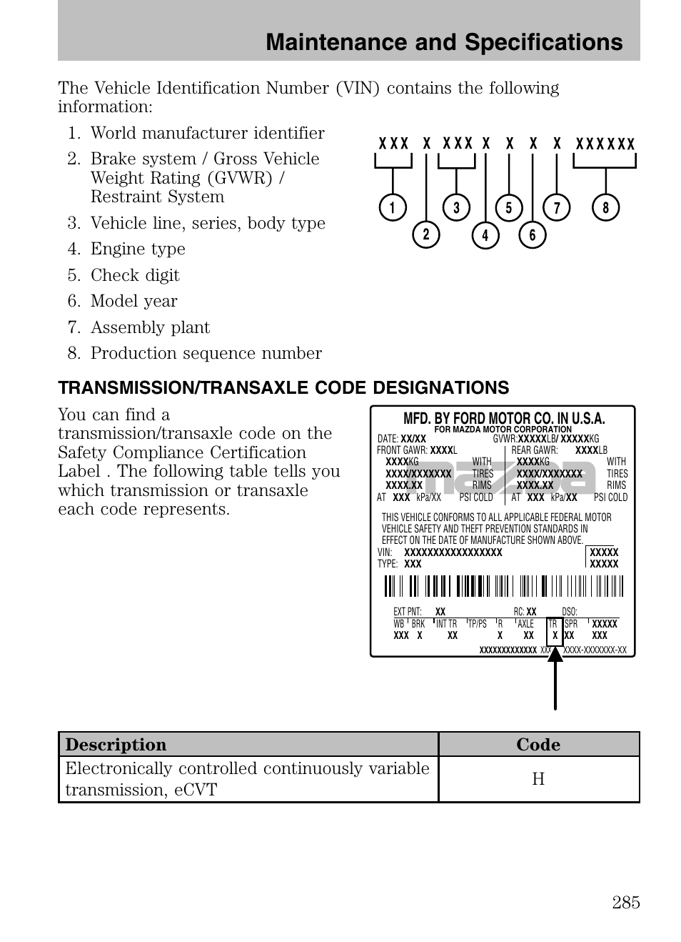 Transmission/transaxle code designations, Maintenance and specifications | Mazda 2008 Tribute HEV User Manual | Page 285 / 312