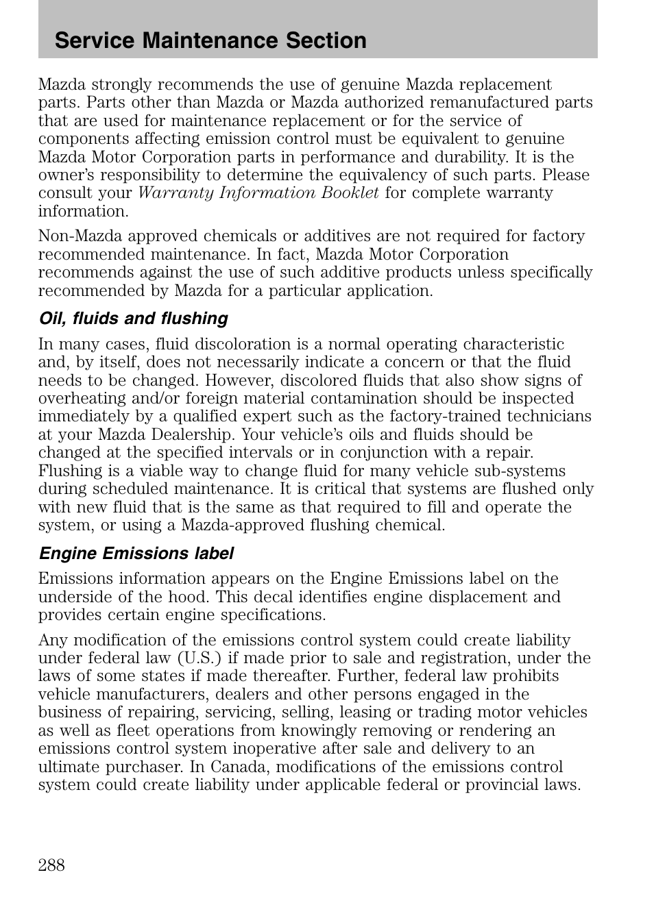 Oil, fluids and flushing, Engine emissions label | Mazda 2008 Tribute HEV User Manual | Page 288 / 312