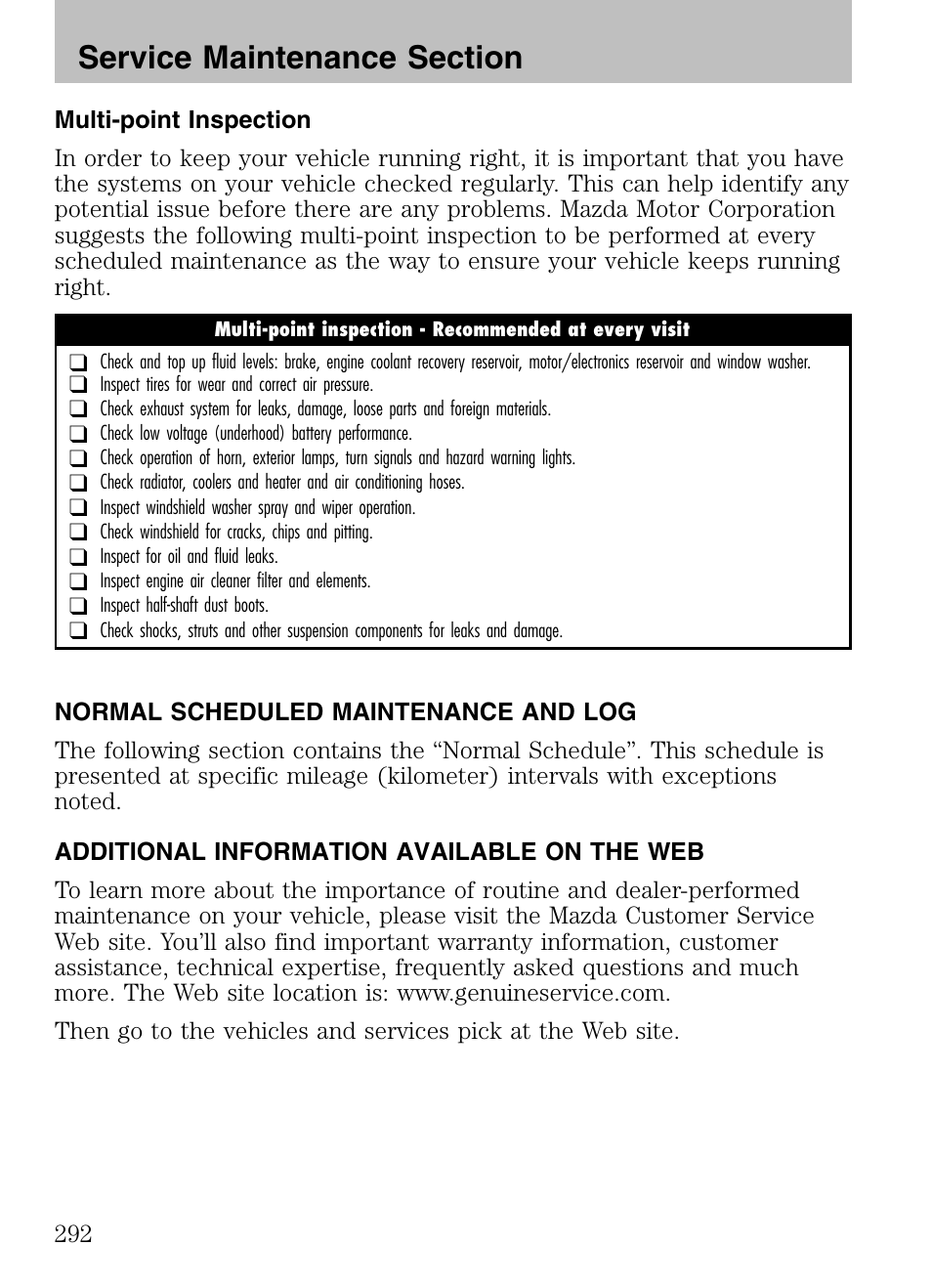 Multi-point inspection, Normal scheduled maintenance and log, Additional information available on the web | Mazda 2008 Tribute HEV User Manual | Page 292 / 312