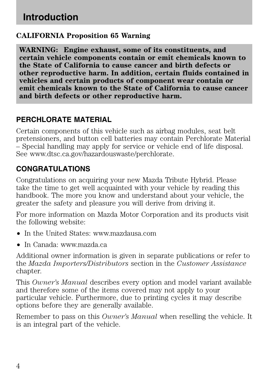 Introduction, Perchlorate material, Congratulations | Mazda 2008 Tribute HEV User Manual | Page 4 / 312