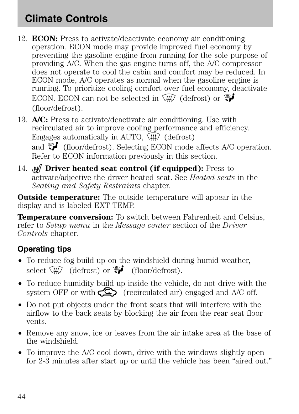 Operating tips, Climate controls | Mazda 2008 Tribute HEV User Manual | Page 44 / 312