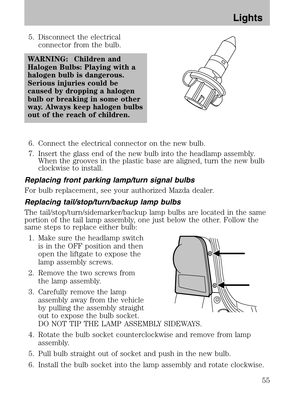 Replacing front parking lamp/turn signal bulbs, Replacing tail/stop/turn/backup lamp bulbs, Lights | Mazda 2008 Tribute HEV User Manual | Page 55 / 312