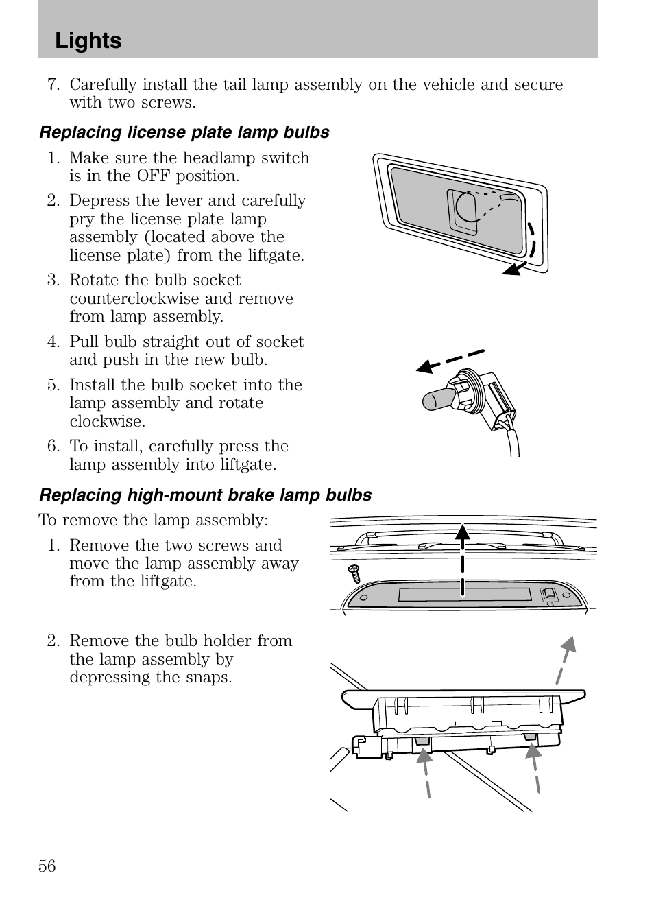Replacing license plate lamp bulbs, Replacing high-mount brake lamp bulbs, Lights | Mazda 2008 Tribute HEV User Manual | Page 56 / 312