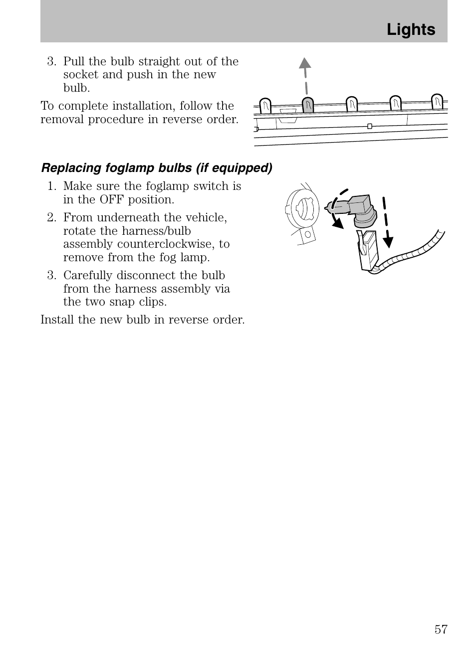 Replacing foglamp bulbs (if equipped), Lights | Mazda 2008 Tribute HEV User Manual | Page 57 / 312