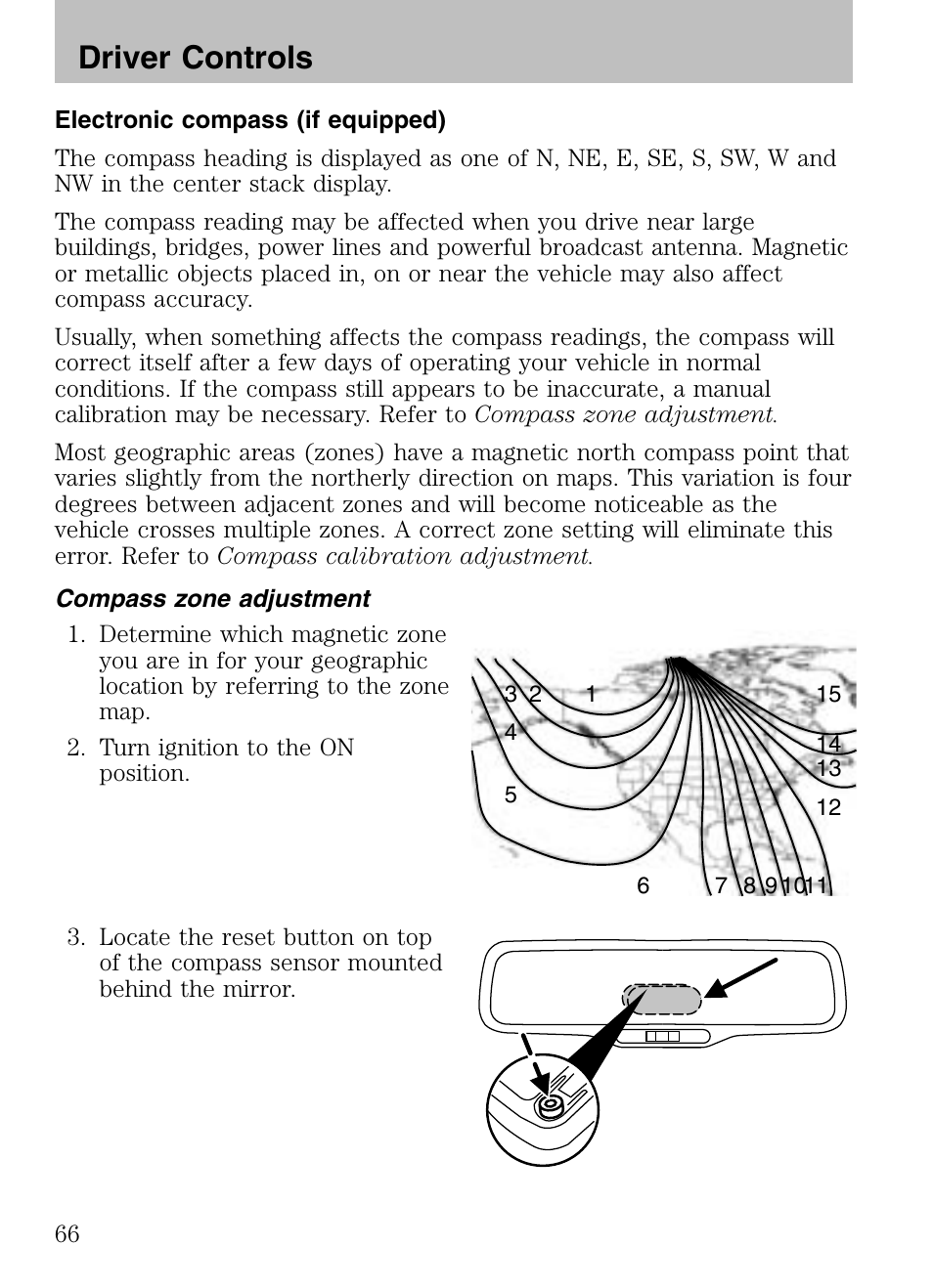 Electronic compass (if equipped), Compass zone adjustment, Driver controls | Mazda 2008 Tribute HEV User Manual | Page 66 / 312