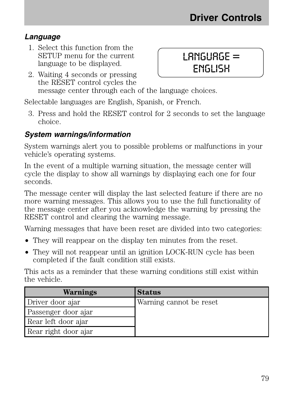 Language, System warnings/information, Driver controls | Mazda 2008 Tribute HEV User Manual | Page 79 / 312