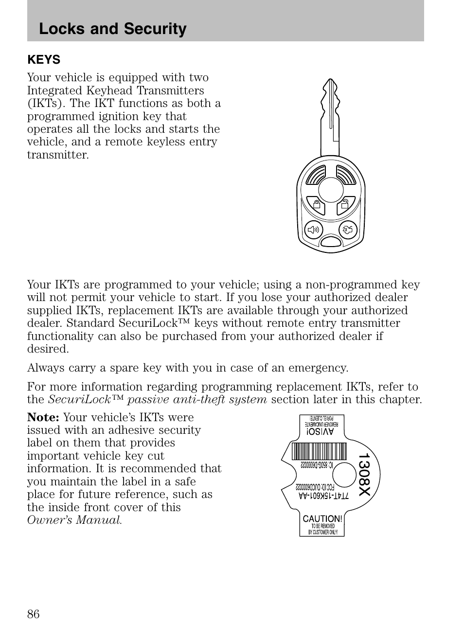 Locks and security, Keys | Mazda 2008 Tribute HEV User Manual | Page 86 / 312