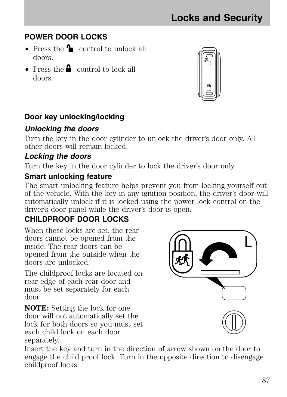 Power door locks, Door key unlocking/locking, Unlocking the doors | Locking the doors, Smart unlocking feature, Childproof door locks, Locks and security | Mazda 2008 Tribute HEV User Manual | Page 87 / 312