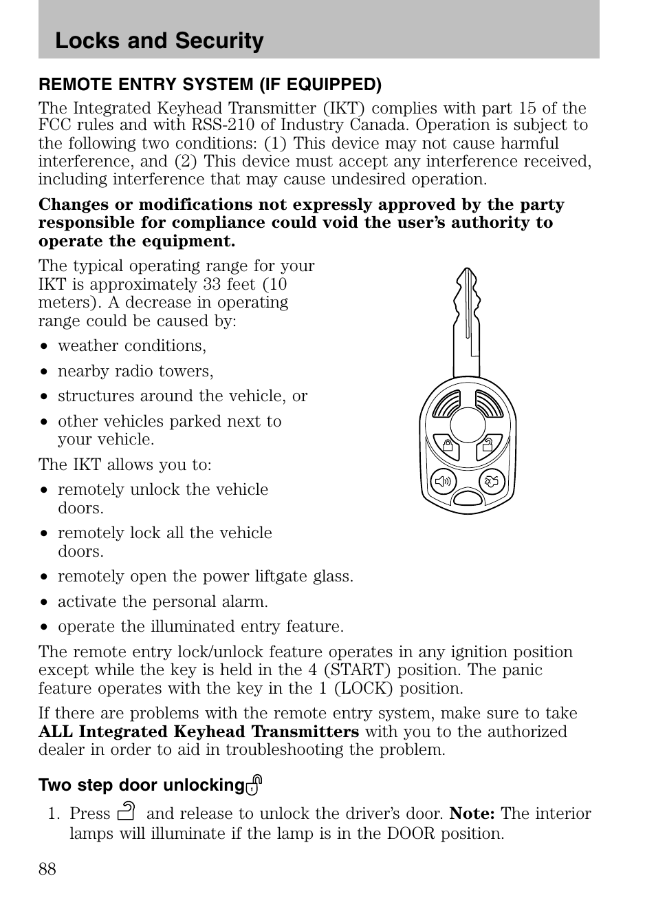 Remote entry system (if equipped), Two step door unlocking, Locks and security | Mazda 2008 Tribute HEV User Manual | Page 88 / 312