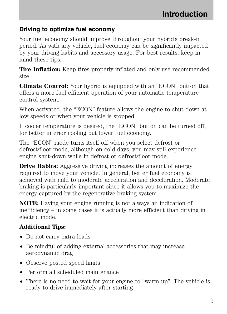 Driving to optimize fuel economy, Introduction | Mazda 2008 Tribute HEV User Manual | Page 9 / 312