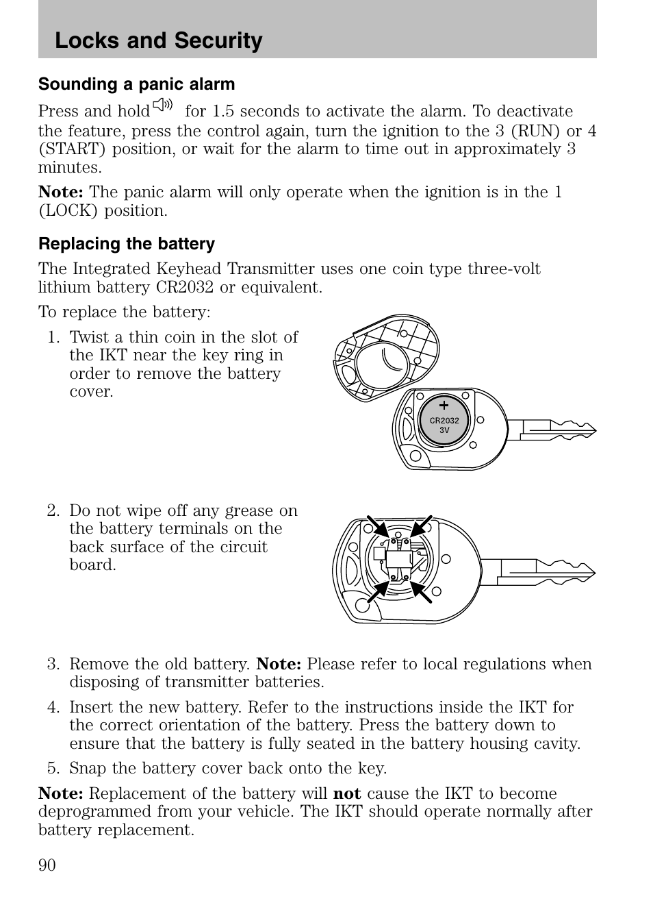 Sounding a panic alarm, Replacing the battery, Locks and security | Mazda 2008 Tribute HEV User Manual | Page 90 / 312