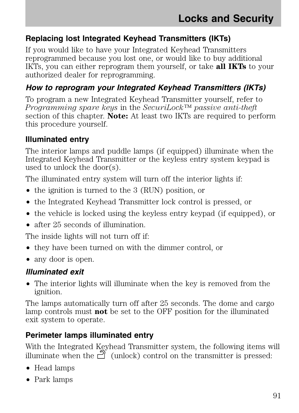 Illuminated entry, Illuminated exit, Perimeter lamps illuminated entry | Locks and security | Mazda 2008 Tribute HEV User Manual | Page 91 / 312