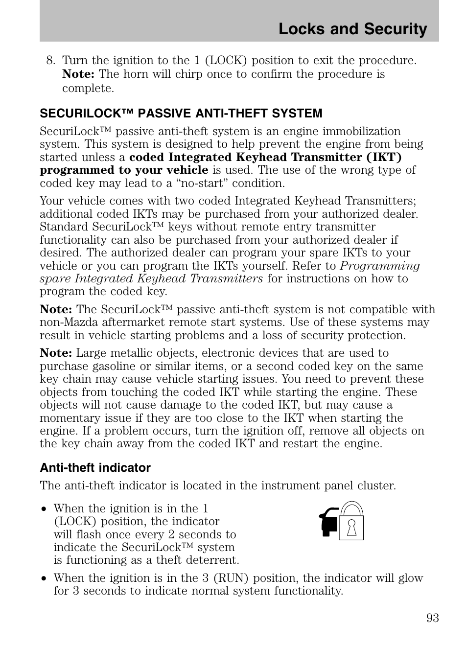 Securilock™ passive anti-theft system, Anti-theft indicator, Locks and security | Mazda 2008 Tribute HEV User Manual | Page 93 / 312