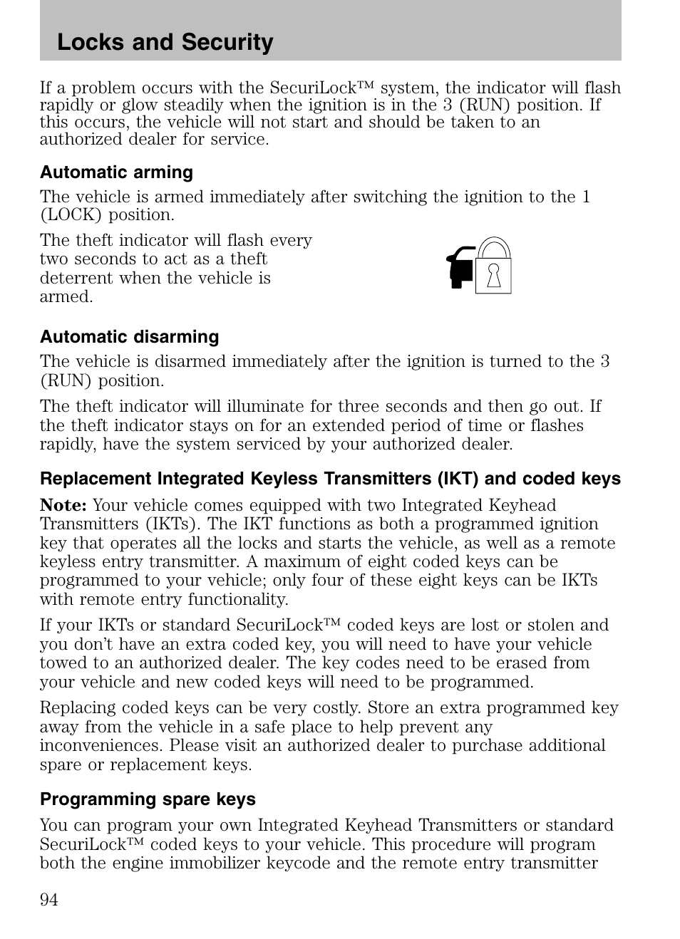 Automatic arming, Automatic disarming, Programming spare keys | Locks and security | Mazda 2008 Tribute HEV User Manual | Page 94 / 312