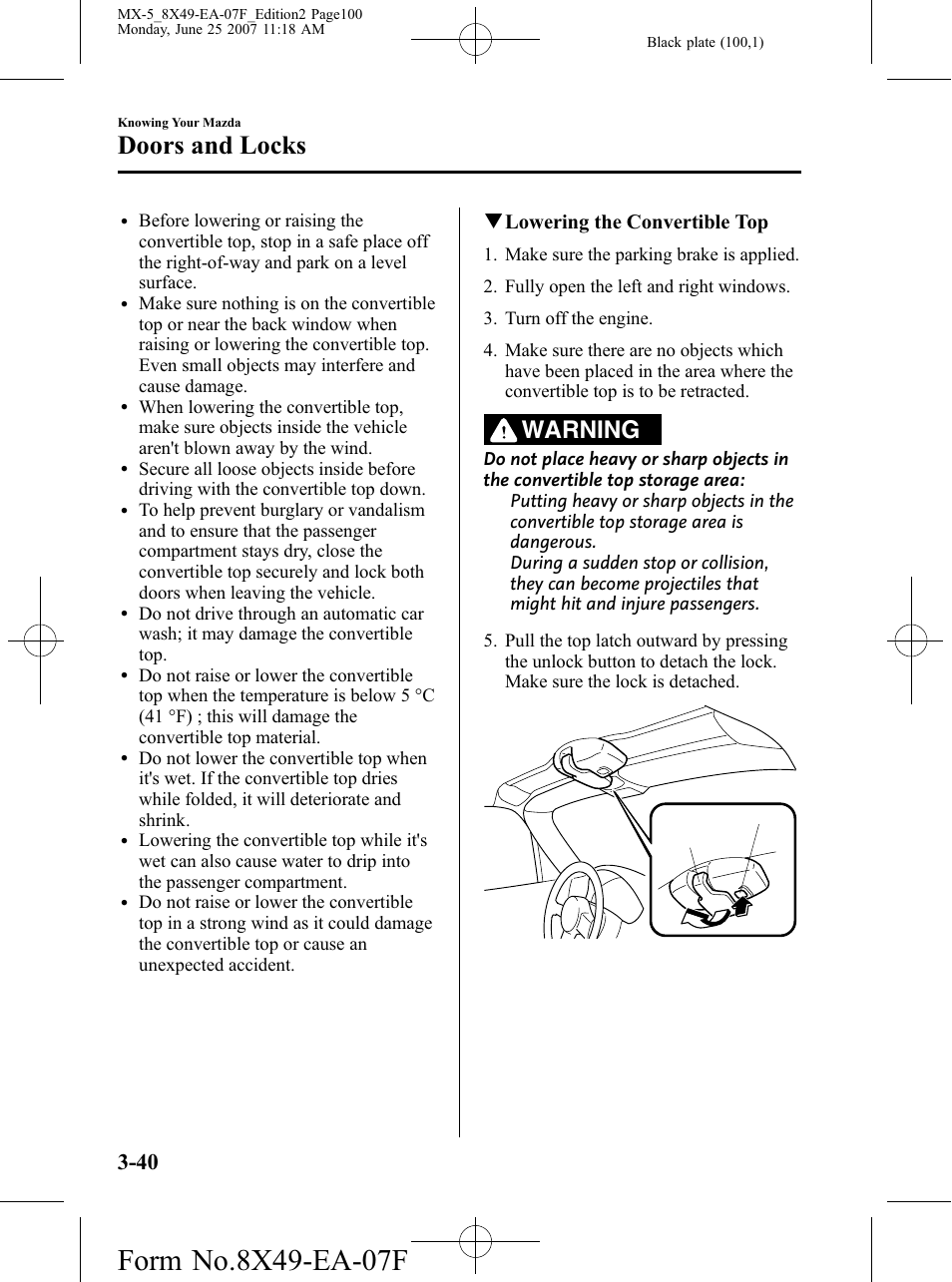 Doors and locks, Warning, Qlowering the convertible top | Mazda 2008 MX-5 Miata User Manual | Page 100 / 458