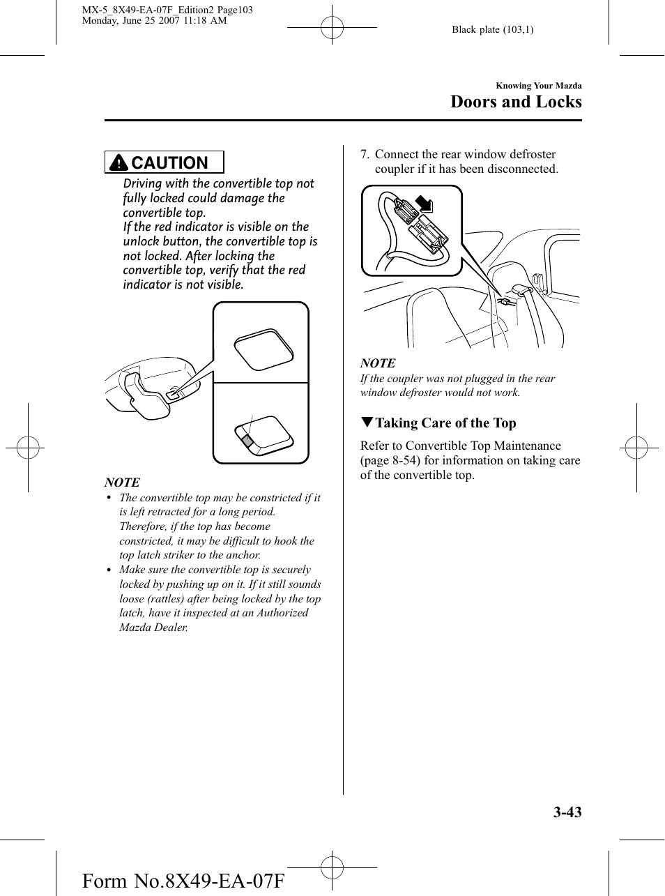 Doors and locks, Caution | Mazda 2008 MX-5 Miata User Manual | Page 103 / 458