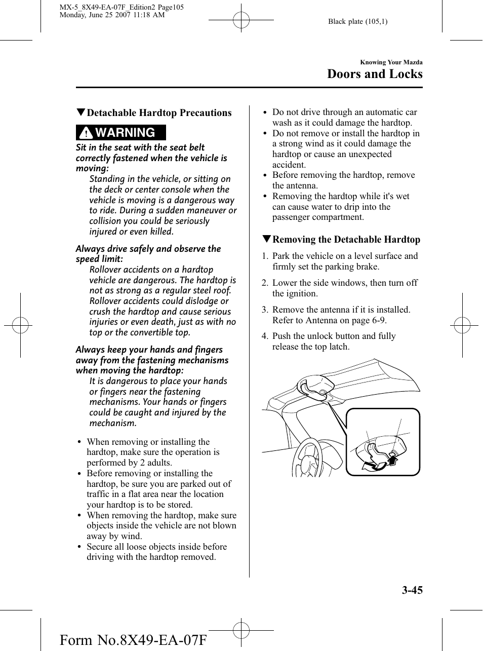 Doors and locks, Warning | Mazda 2008 MX-5 Miata User Manual | Page 105 / 458