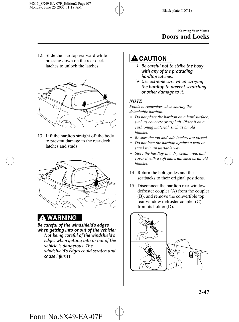 Doors and locks, Warning, Caution | Mazda 2008 MX-5 Miata User Manual | Page 107 / 458