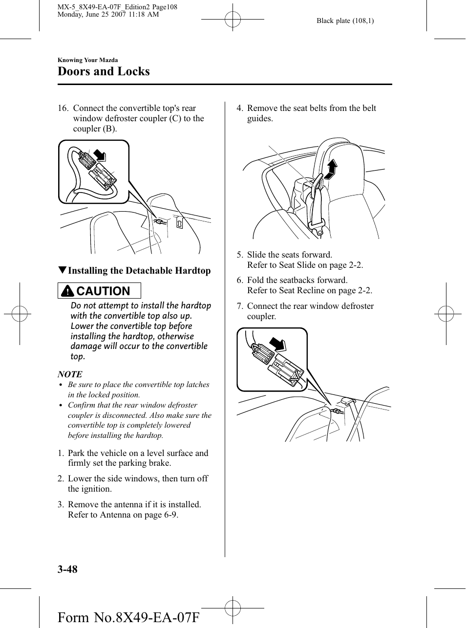 Doors and locks, Caution | Mazda 2008 MX-5 Miata User Manual | Page 108 / 458