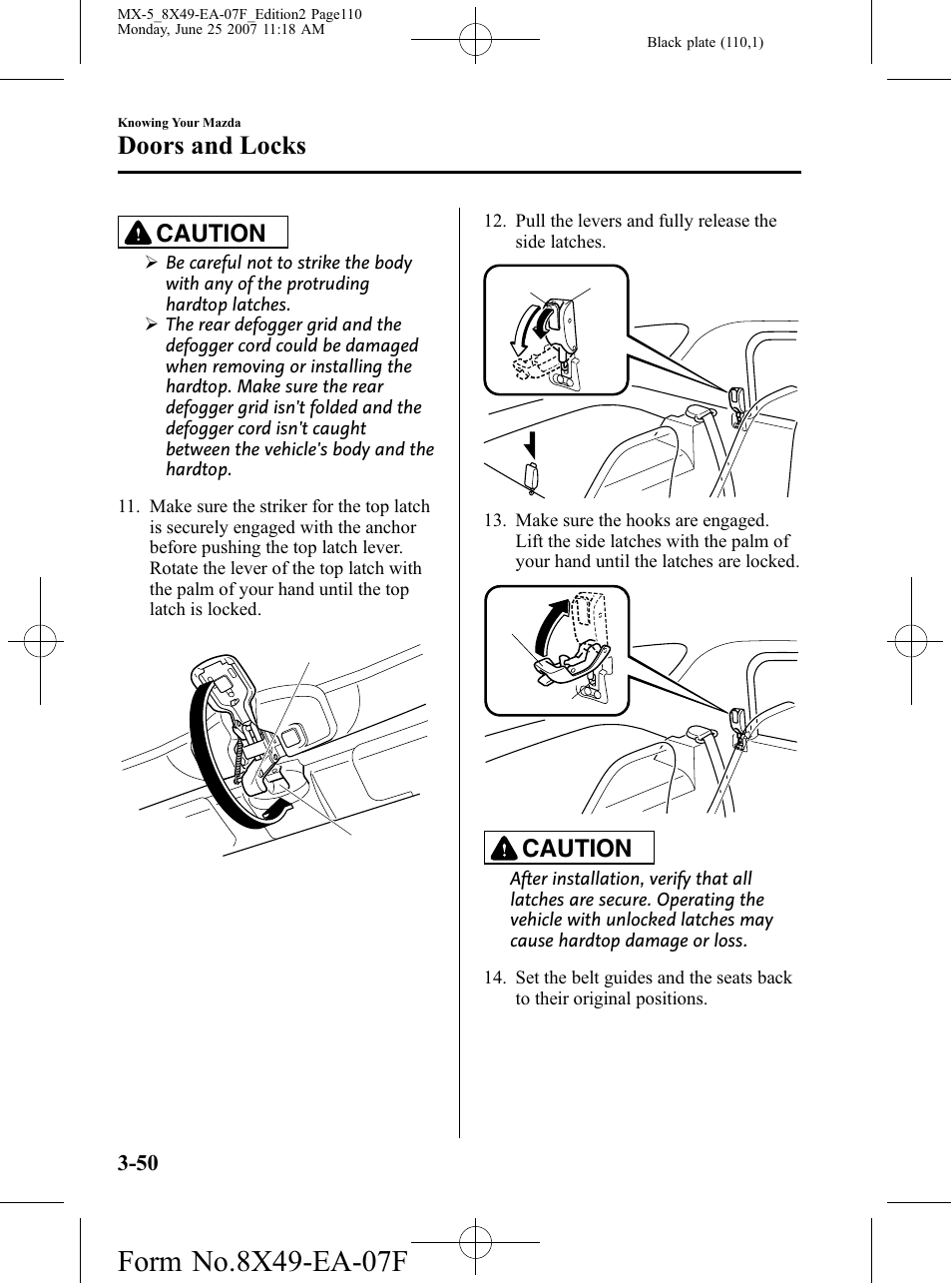 Doors and locks, Caution | Mazda 2008 MX-5 Miata User Manual | Page 110 / 458