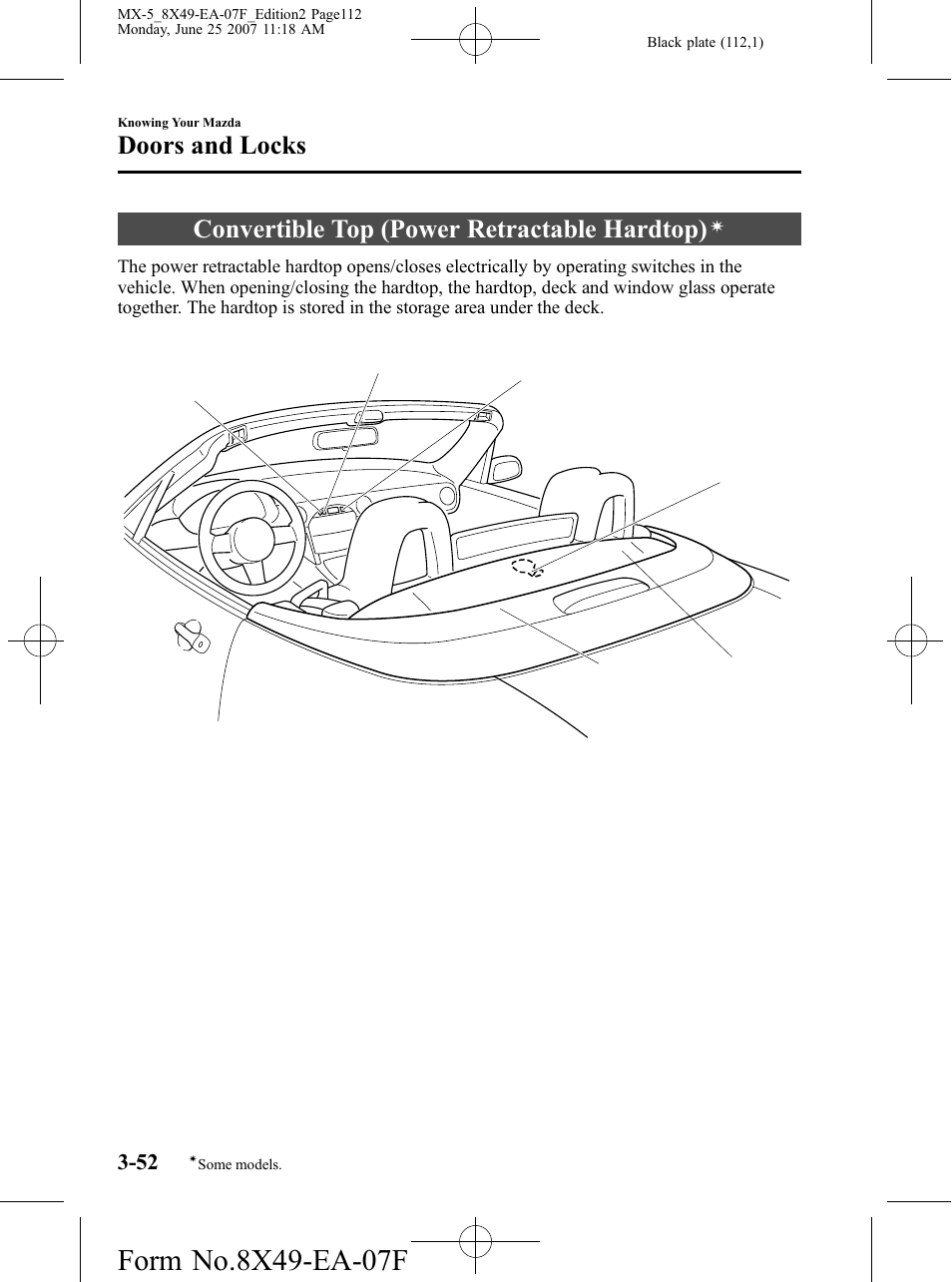 Convertible top (power retractable hardtop), Doors and locks | Mazda 2008 MX-5 Miata User Manual | Page 112 / 458