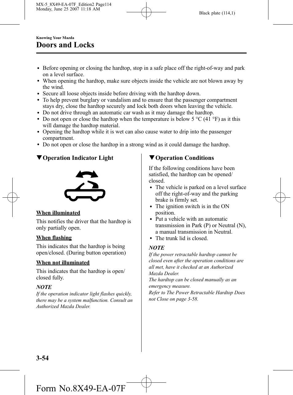 Doors and locks, Qoperation indicator light, Qoperation conditions | Mazda 2008 MX-5 Miata User Manual | Page 114 / 458