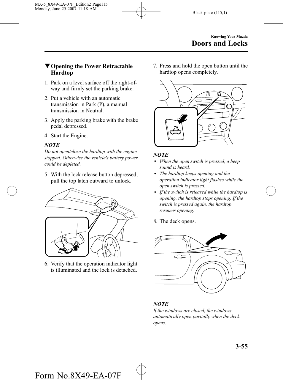 Doors and locks | Mazda 2008 MX-5 Miata User Manual | Page 115 / 458