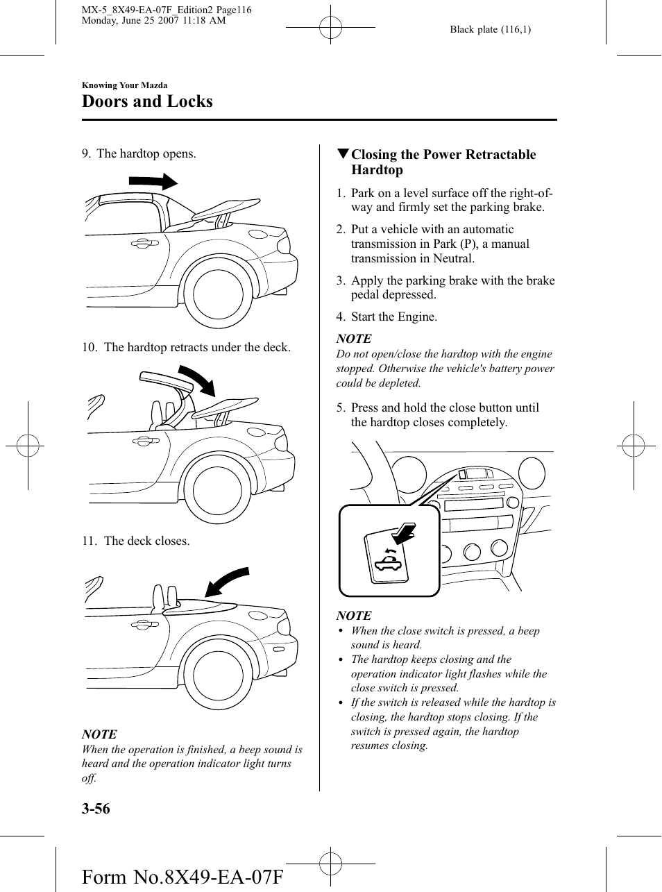 Doors and locks | Mazda 2008 MX-5 Miata User Manual | Page 116 / 458