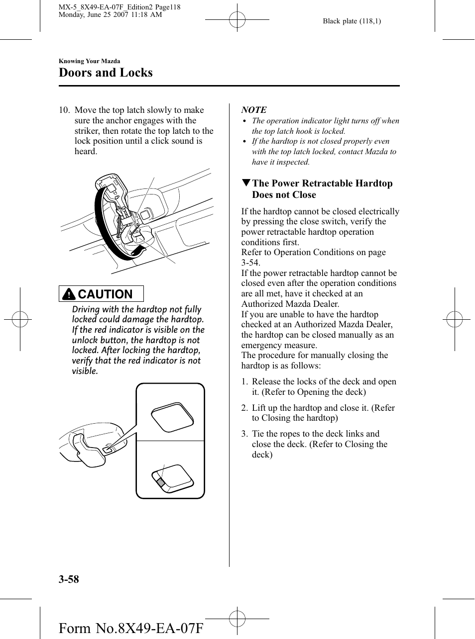 Doors and locks, Caution | Mazda 2008 MX-5 Miata User Manual | Page 118 / 458