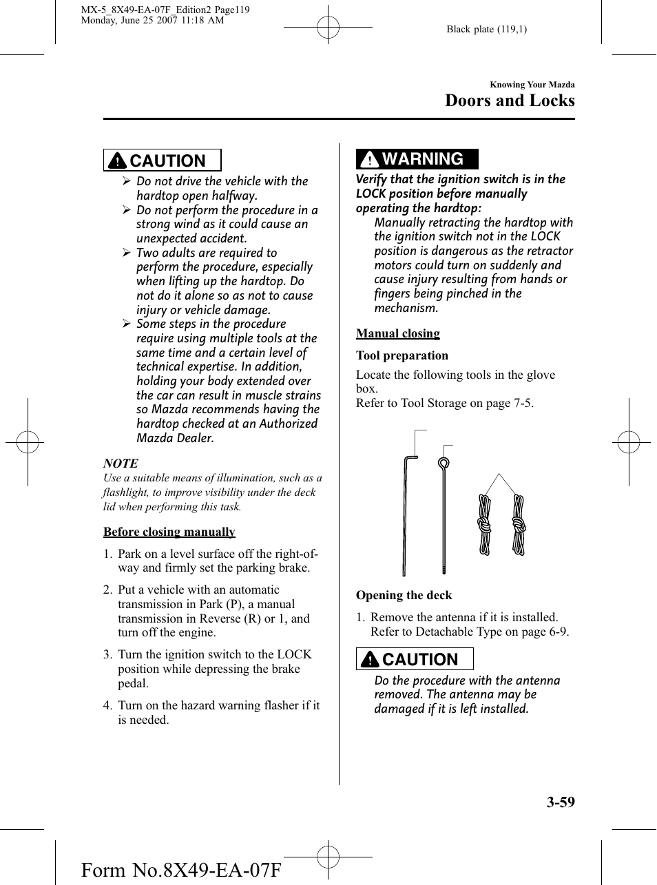 Doors and locks, Caution, Warning | Mazda 2008 MX-5 Miata User Manual | Page 119 / 458