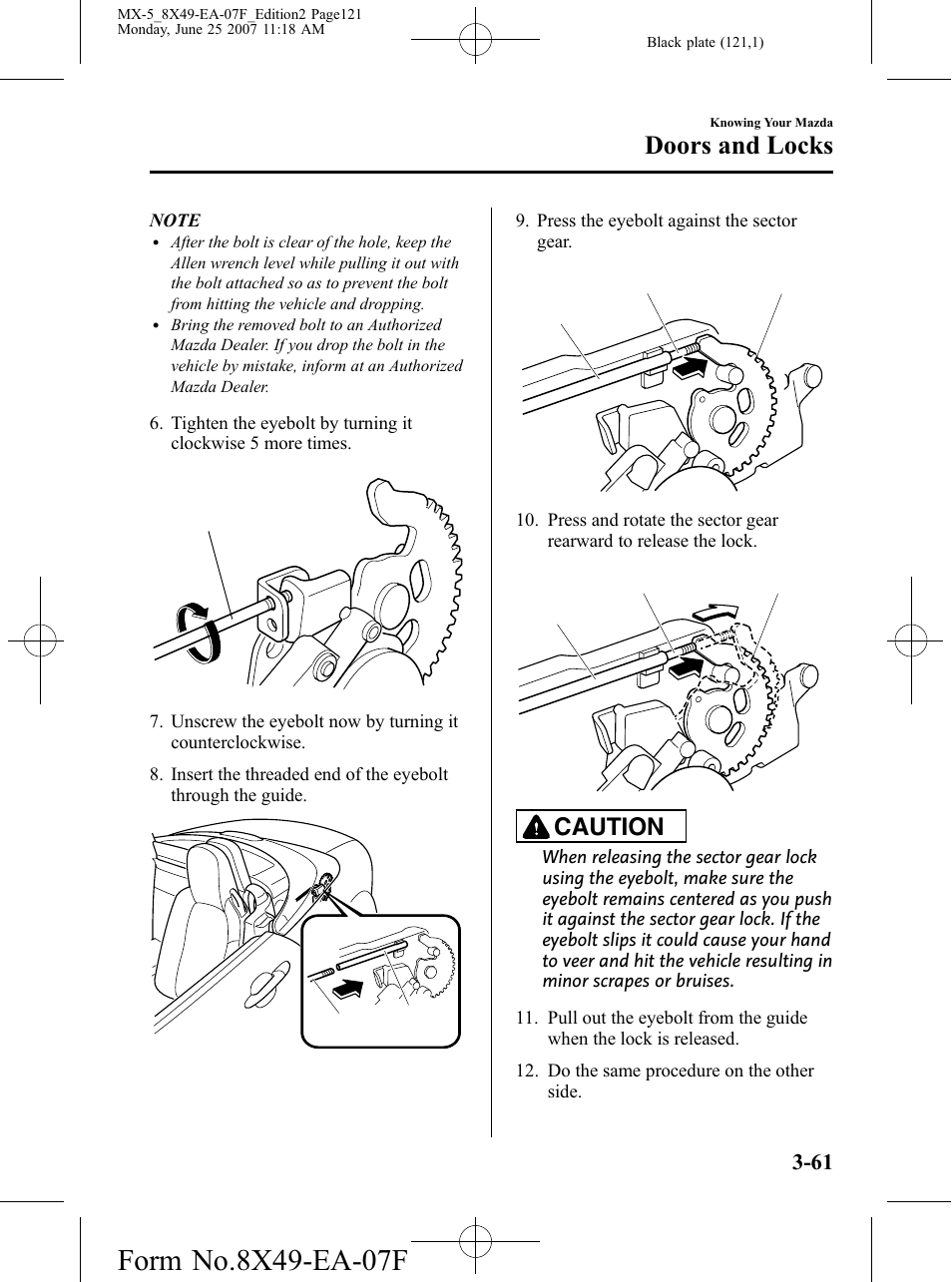 Doors and locks, Caution | Mazda 2008 MX-5 Miata User Manual | Page 121 / 458