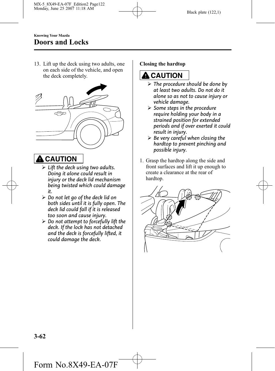 Doors and locks, Caution | Mazda 2008 MX-5 Miata User Manual | Page 122 / 458