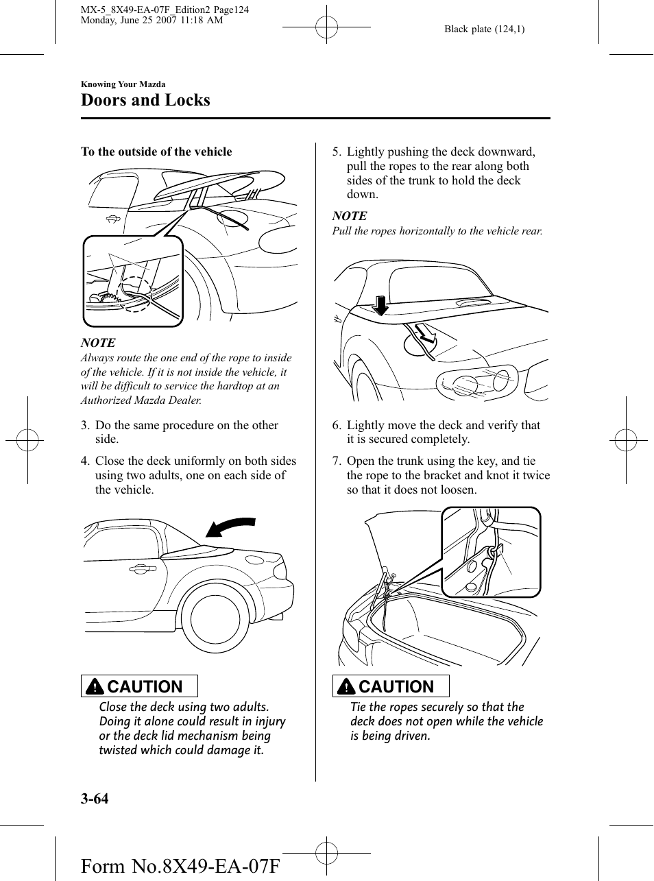 Doors and locks, Caution | Mazda 2008 MX-5 Miata User Manual | Page 124 / 458