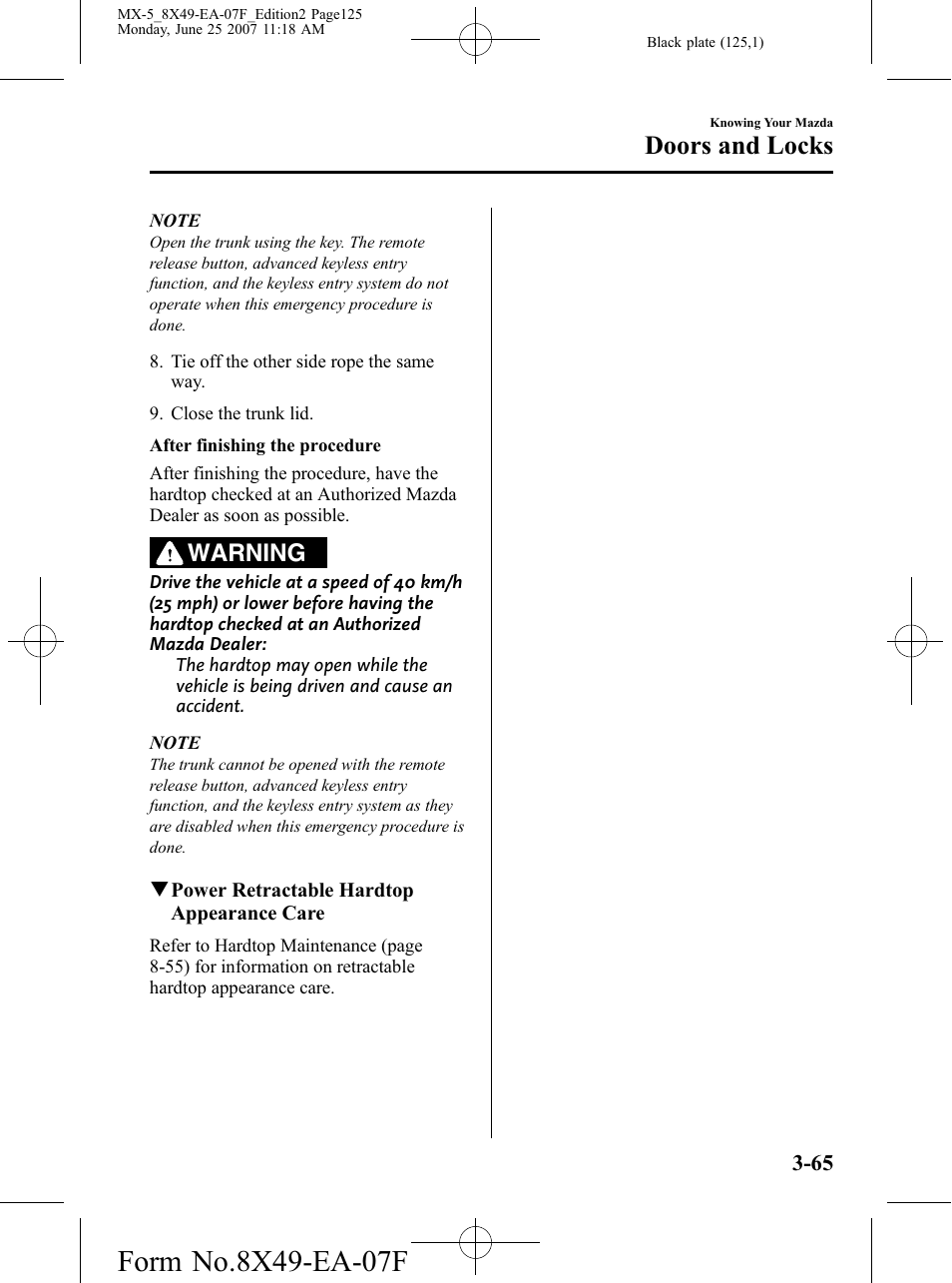 Doors and locks, Warning | Mazda 2008 MX-5 Miata User Manual | Page 125 / 458