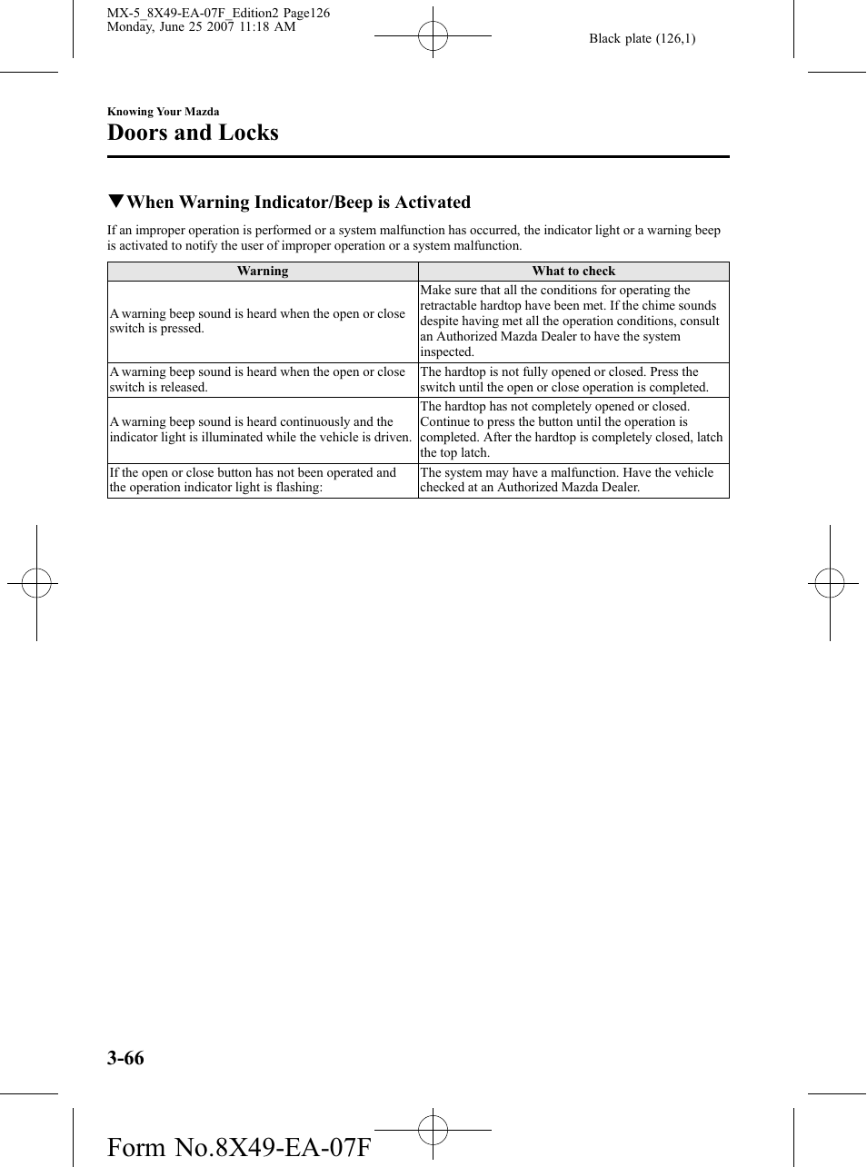 Doors and locks | Mazda 2008 MX-5 Miata User Manual | Page 126 / 458