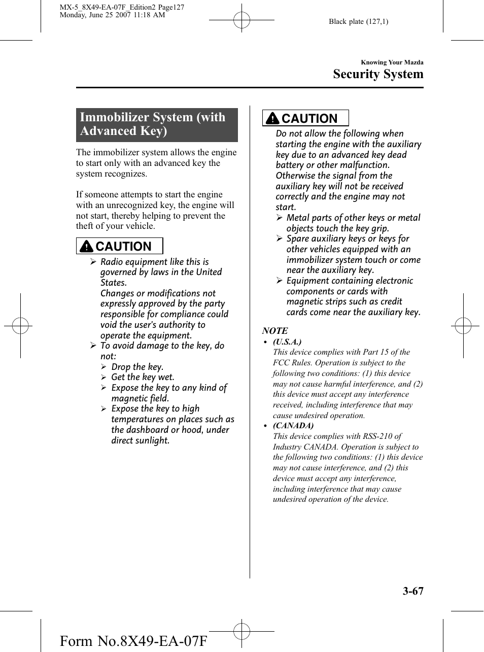 Security system, Immobilizer system (with advanced key), Security system -67 | Immobilizer system (with advanced key) -67, Caution | Mazda 2008 MX-5 Miata User Manual | Page 127 / 458