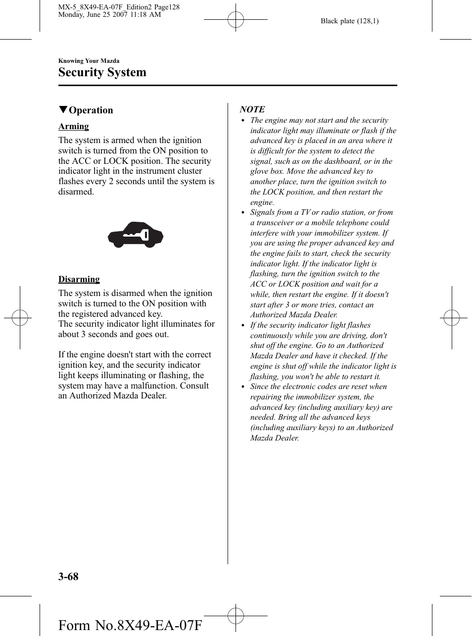 Security system, Qoperation | Mazda 2008 MX-5 Miata User Manual | Page 128 / 458