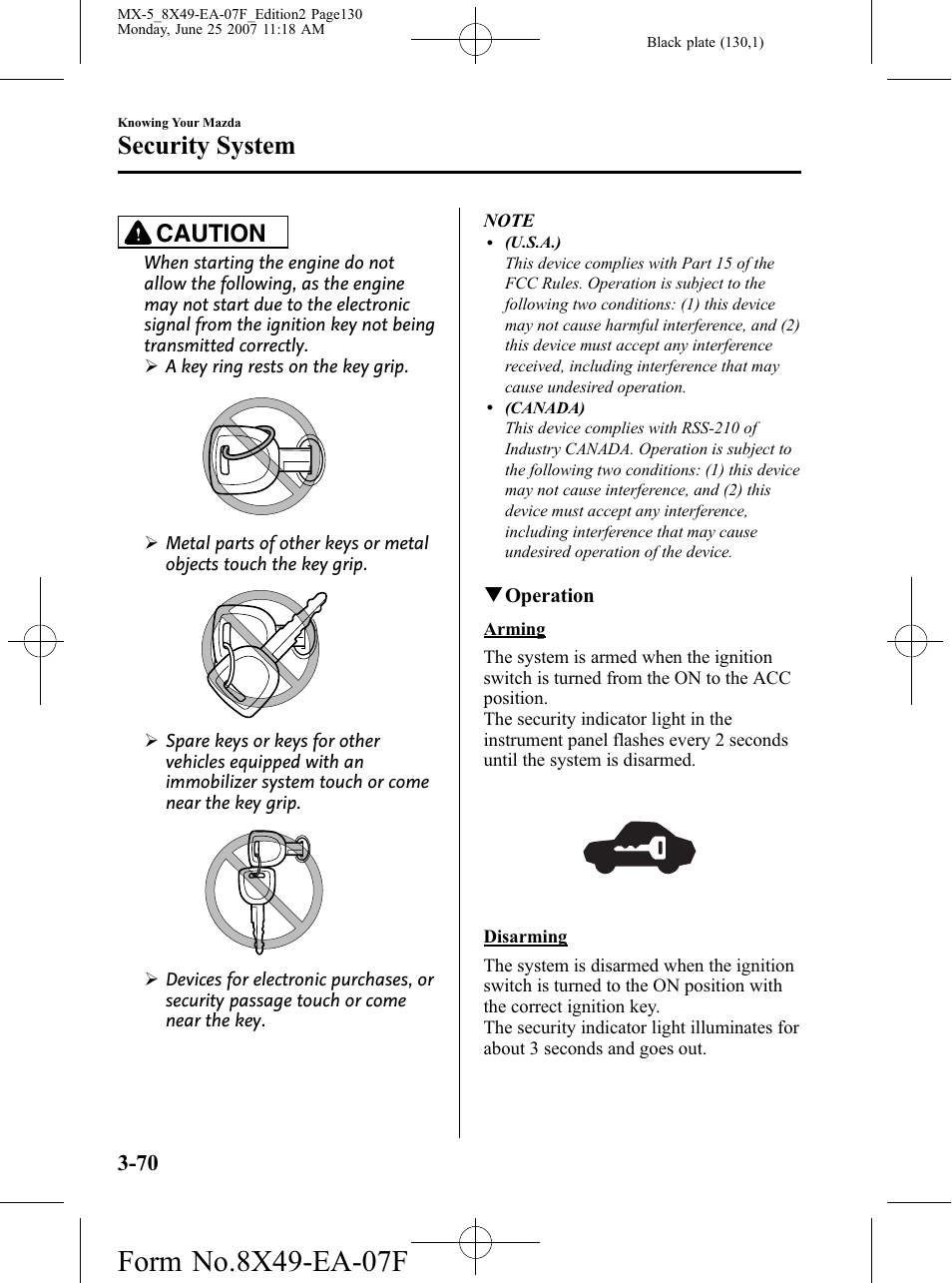 Security system, Caution | Mazda 2008 MX-5 Miata User Manual | Page 130 / 458