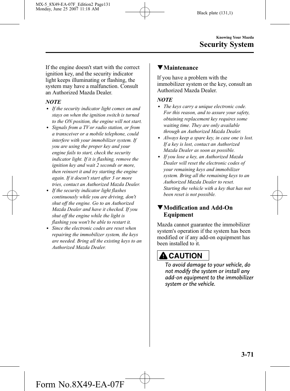 Security system, Caution, Qmaintenance | Qmodification and add-on equipment | Mazda 2008 MX-5 Miata User Manual | Page 131 / 458